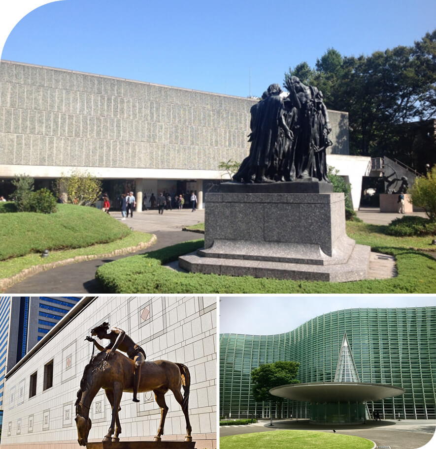 上：国立西洋美術館,左下：横浜美術館,右下：国立新美術館