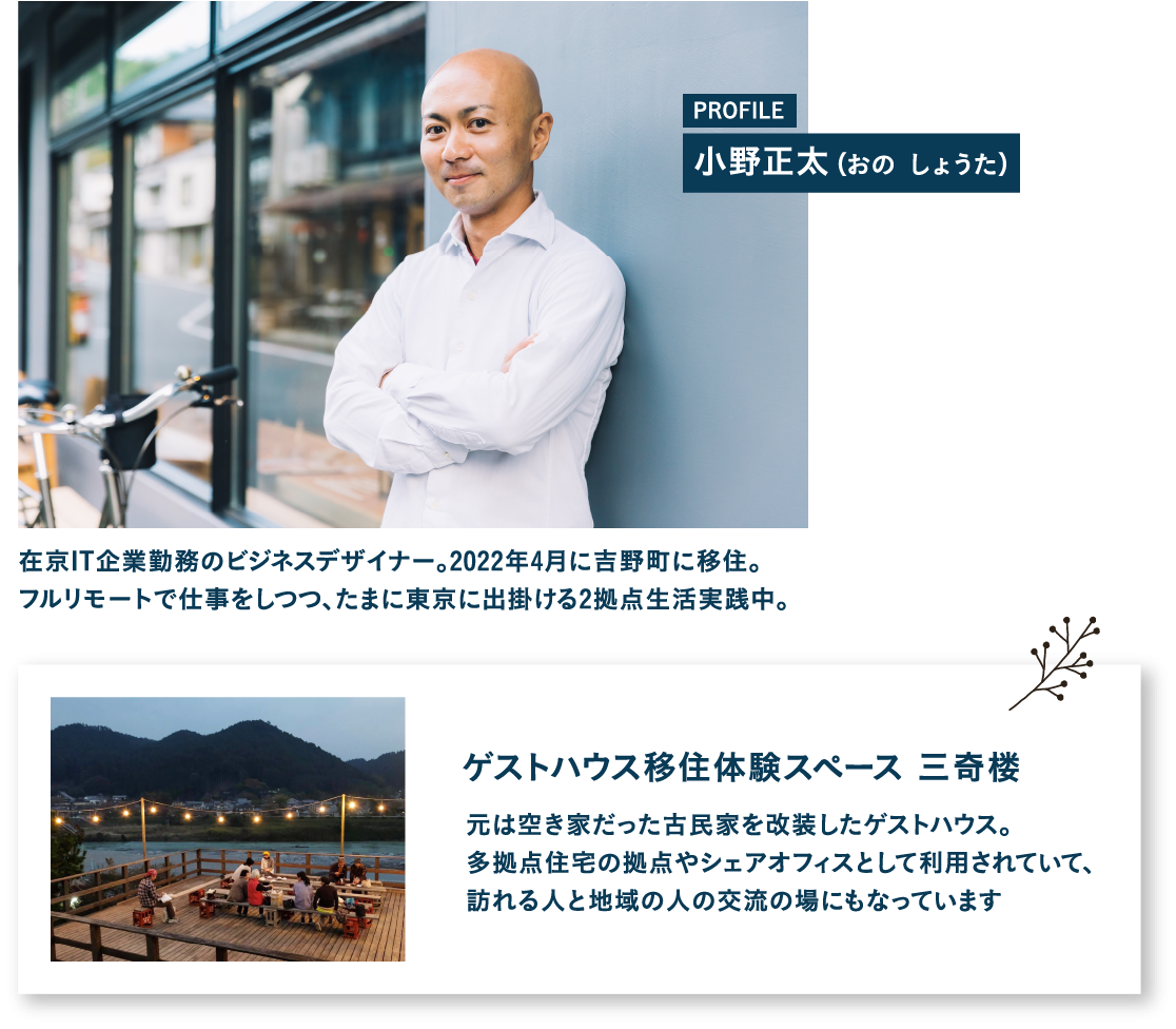PROFILE 小野正太（おの しょうた）在京IT企業勤務のビジネスデザイナー。2022年4月に吉野町に移住。フルリモートで仕事をしつつ、たまに東京に出掛ける2拠点生活実践中。