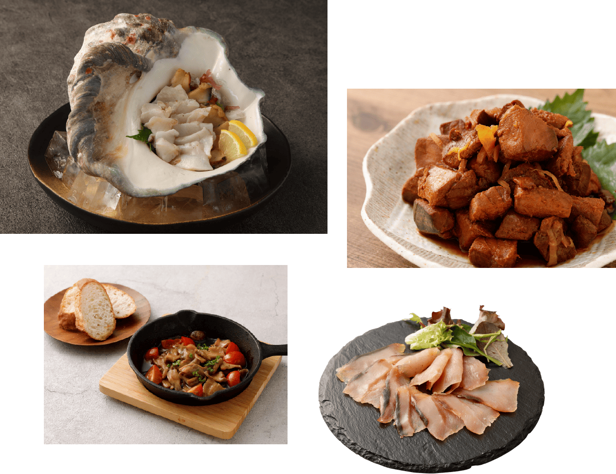 夜光貝の料理、カツオの角煮、アヒージョ、燻製