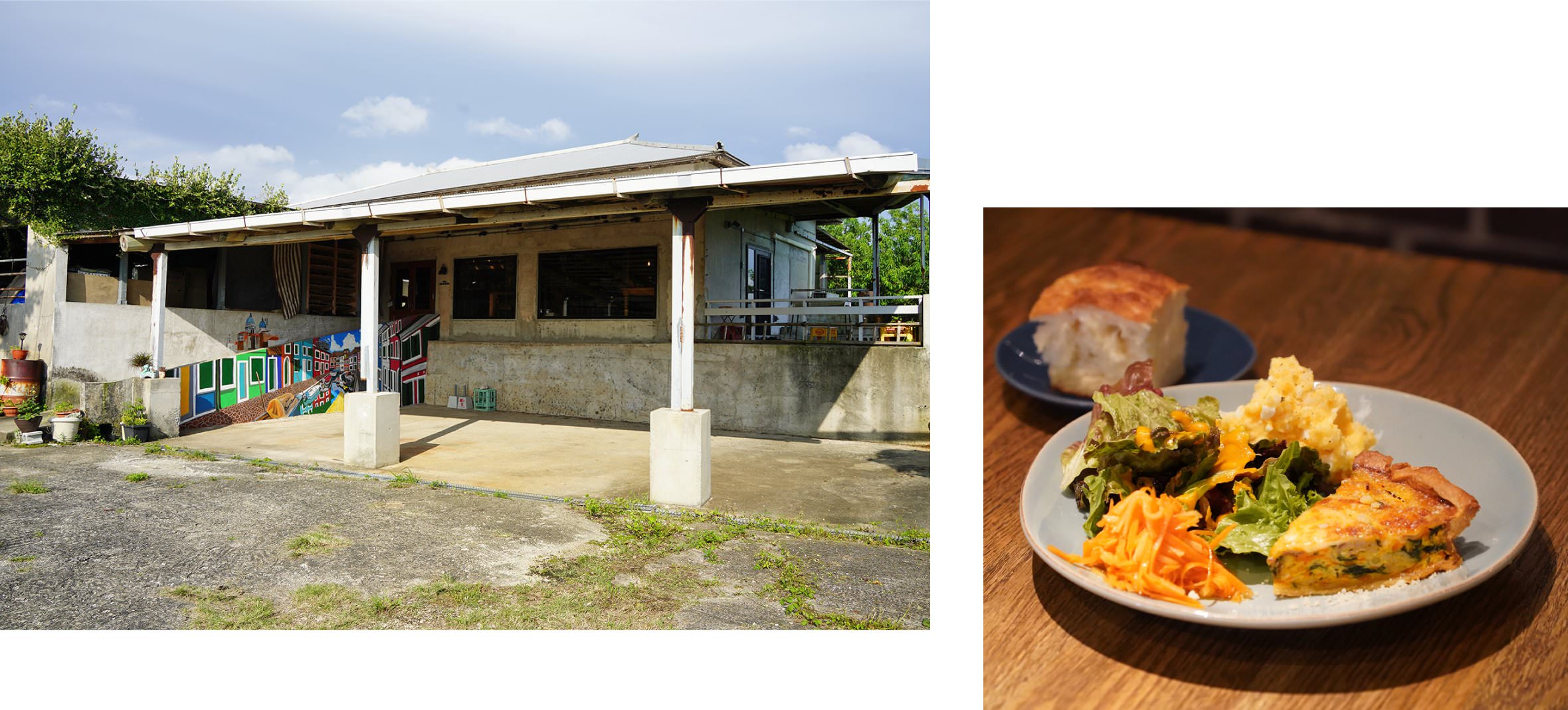 旧牛舎を改装したBistro Nova Costaの外観と料理