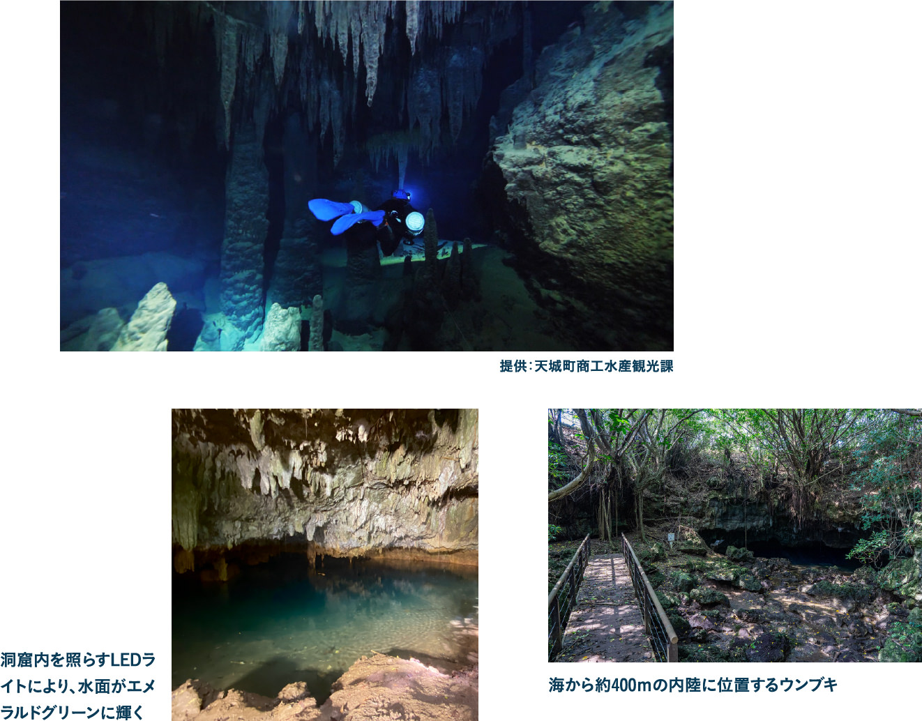 ウンブキの水中鍾乳洞と洞窟内、遊歩道