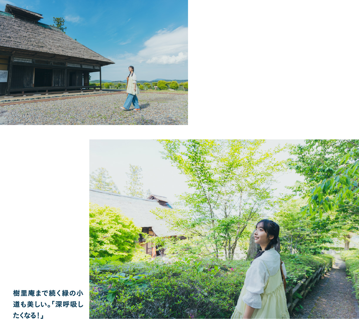樹里庵 茅葺き屋根の農家建築。樹里庵まで続く緑の小道も美しい。「深呼吸したくなる!」