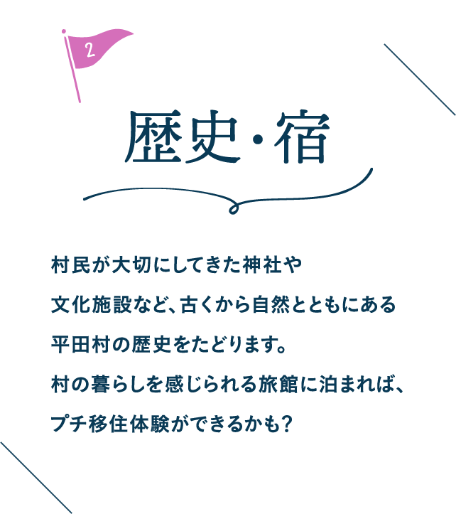 歴史・宿 村民が大切にしてきた神社や文化施設など、古くから自然とともにある平田村の歴史をたどります。村の暮らしを感じられる旅館に泊まれば、プチ移住体験ができるかも?