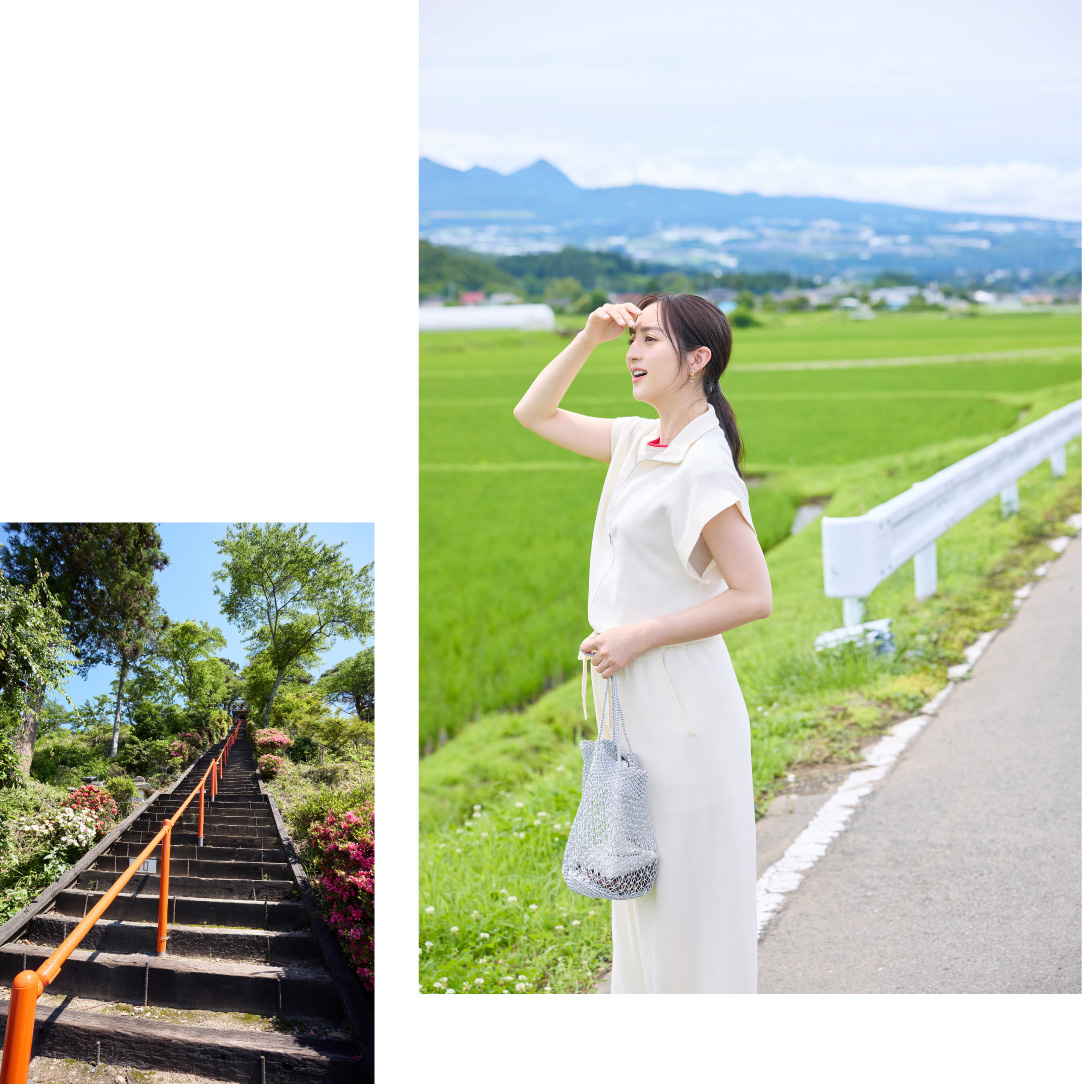愛宕山の鳥居から続く階段と、田園風景を眺める堀田茜