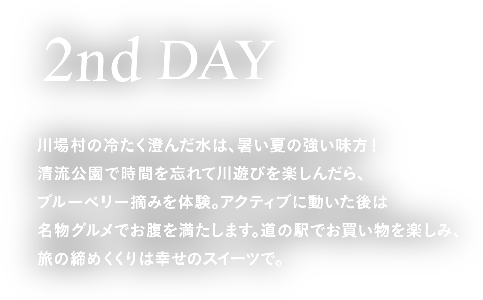 2nd DAY 川場村の冷たく澄んだ水は、暑い夏の強い味方！清流公園で時間を忘れて川遊びを楽しんだら、ブルーベリー摘みを体験。アクティブに動いた後は名物グルメでお腹を満たします。道の駅でお買い物を楽しみ、旅の締めくくりは幸せのスイーツで。