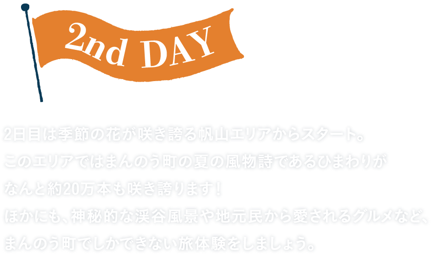 2nd DAY 2日目は季節の花が咲き誇る帆山エリアからスタート。このエリアではまんのう町の夏の風物詩であるひまわりがなんと約20万本も咲き誇ります！ ほかにも、神秘的な渓谷風景や地元民から愛されるグルメなど、まんのう町でしかできない旅体験をしましょう。
