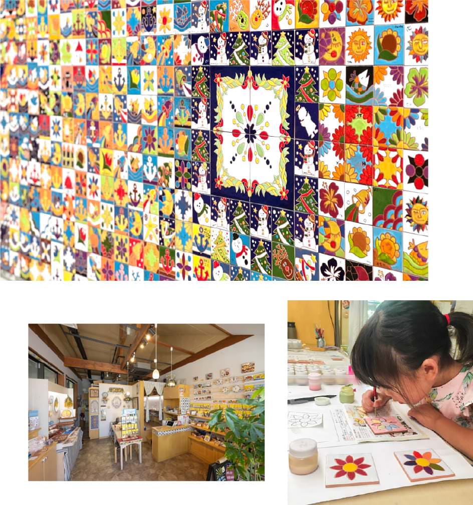 みなとまちセラミカ工房のタイル装飾壁面と店内の様子、絵付け体験でタイルに色をつける子ども
