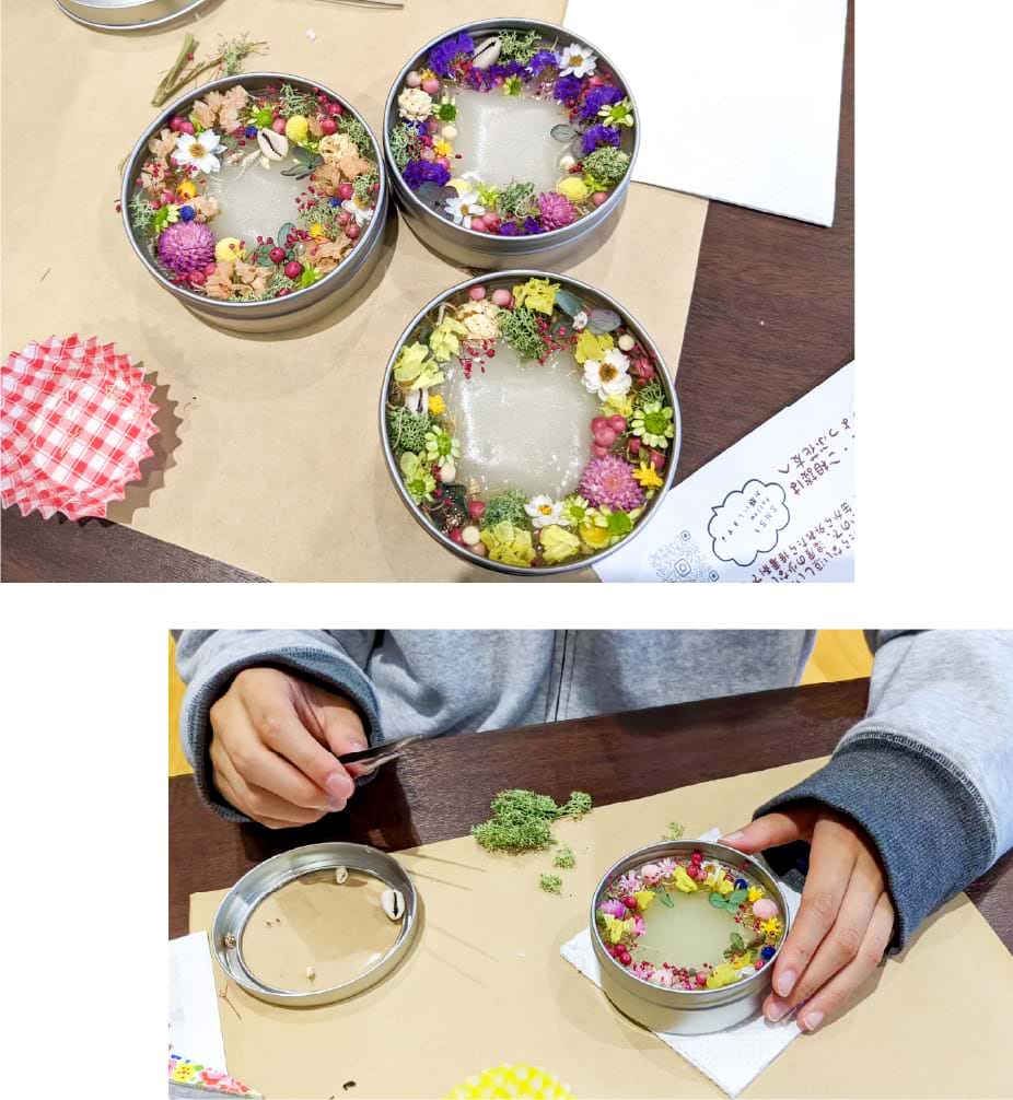 ドライフラワーで彩られたアロマ缶の完成品と、制作する様子