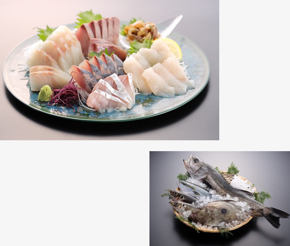 鮮魚の刺身盛り合わせと魚介類