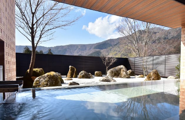 庭園の向こうに箱根の山々を望む露天風呂。サウナも完備