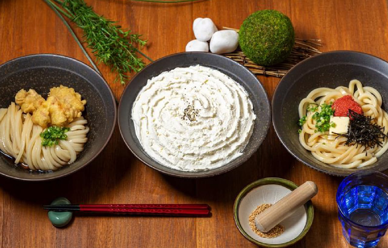 鶏天うどん・白い明太チーズクリームうどん・釜明太醤油バターうどん