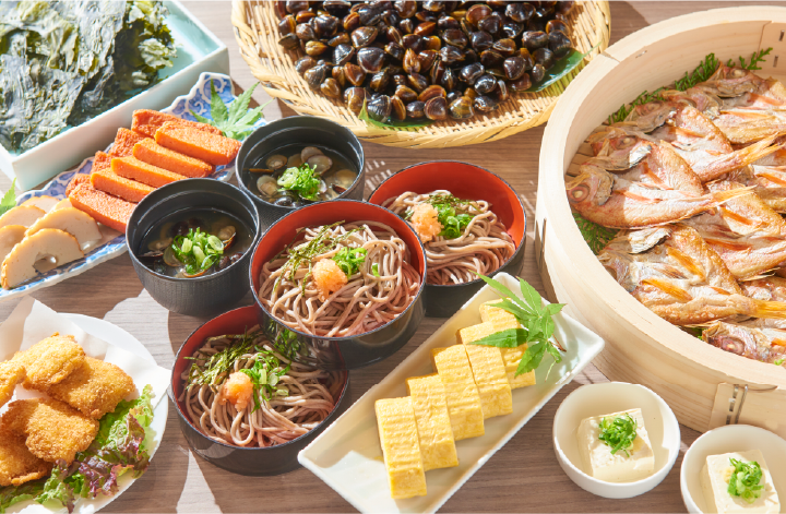 出雲そばやしじみ汁などのご当地メニューに加え卵料理、魚料理など和洋のメニューがずらりと並ぶ朝食ブッフェ