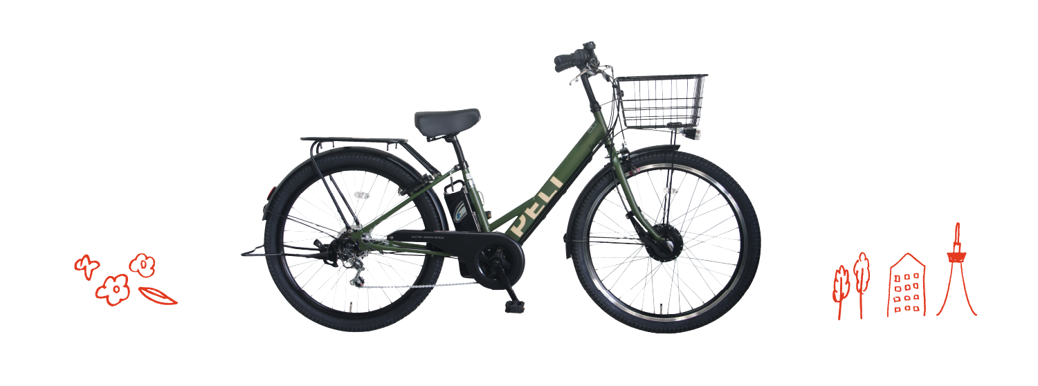 バスケット付きの緑色のPELTECH電動アシスト自転車のイラスト