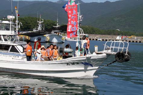 Uchinoura bay fishing boat cruising