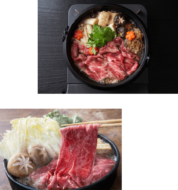 亀岡牛のすき焼きと地鶏 丹波黒どりの鶏すき