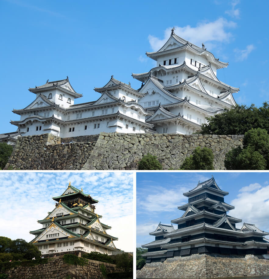 大：姫路城,左下：大阪城,右下：熊本城