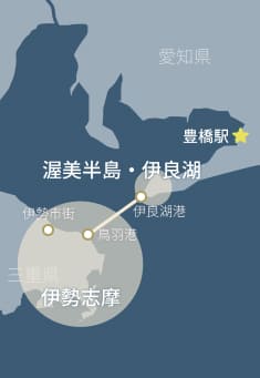愛知県豊橋から伊良湖港を経由して伊勢までのアクセスルートを示す地図